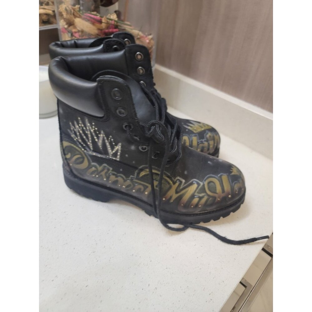 Timberland Wheat 6-inch Nubuck Boots Size US 7 M “Respect My Hustle ” CUSTOM - Picture 4 of 13